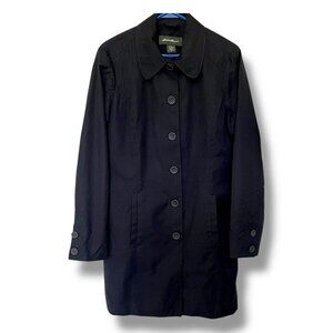 EDDIE BAUER Women's Black Mid Length Classic Vintage Trench Coat Pockets Medium